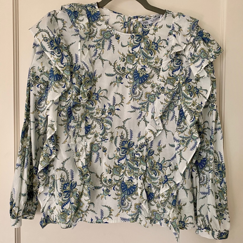 NWOT Zara Cotton Poplin Paisley Ruffle Blouse L